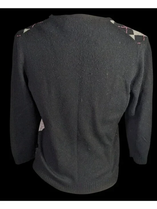 Preppy J.Crew Vintage Womens Cashmere Argyle Cardigan Sweater - Black/Gray/Pink - Picture 2 of 10